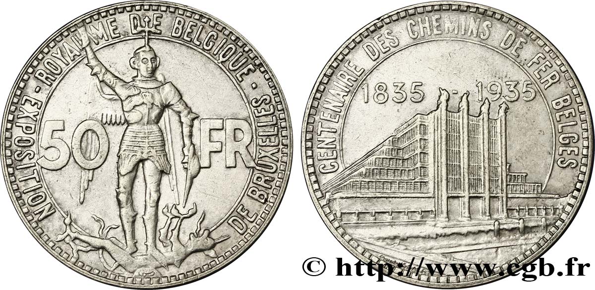 BELGIQUE 50 Francs Exposition de Bruxelles et centenaire des chemins de fer belges, St Michel en armure 1935  TTB+ 