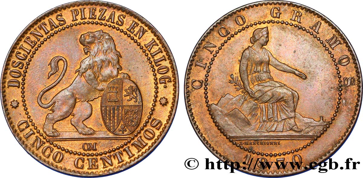 SPAGNA 5 Centimos “ESPAÑA” assise / lion au bouclier 1870 Oeschger Mesdach & CO MS 