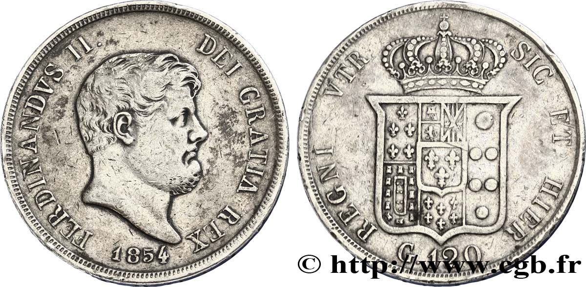 ITALIEN - KÖNIGREICH BEIDER SIZILIEN 120 Grana Royaume des Deux-Siciles, Ferdinand II / écu couronné 1854 Naples fSS 