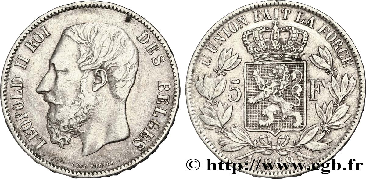 BELGIO 5 Francs Léopold II 1869  q.BB 