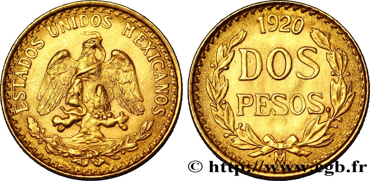 MEXIKO 2 Pesos or Aigle du Mexique 1920 Mexico VZ 
