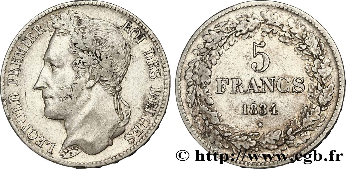 BELGIQUE 5 Francs Léopold Ier tranche A 1834  TB+ 