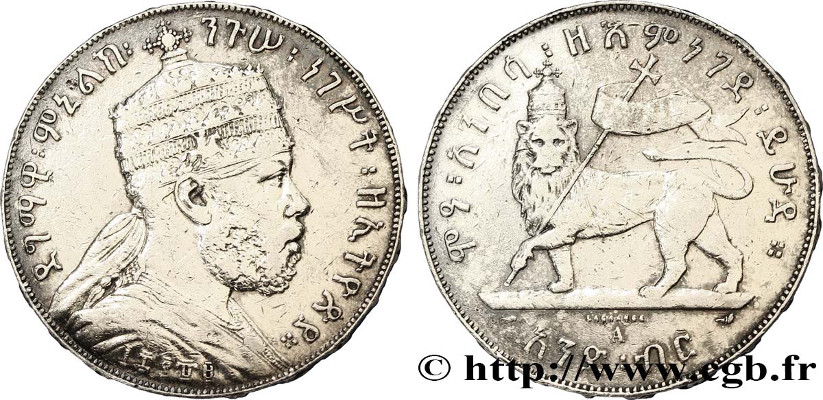 ETHIOPIA 1 Birr roi Menelik II EE1887 1894 Paris VF 