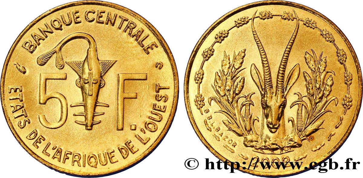 ÉTATS DE L AFRIQUE DE L OUEST (BCEAO) 5 Francs BCEAO masque / antilope 2002 Paris SPL 