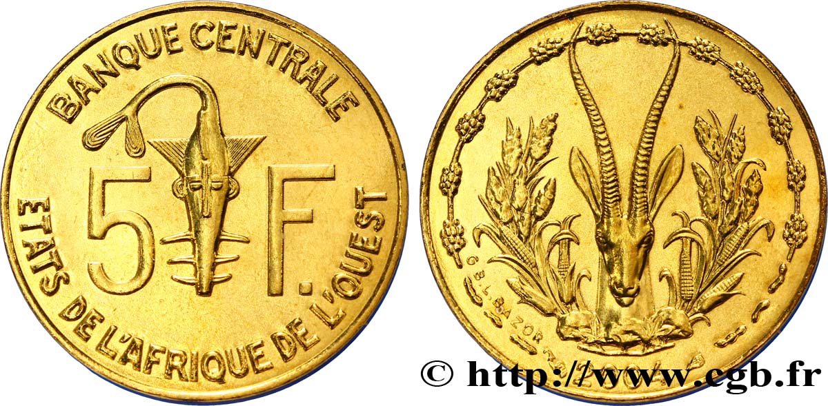 STATI DI L  AFRICA DE L  OVEST 5 Francs BCEAO masque / antilope 2004 Paris MS 