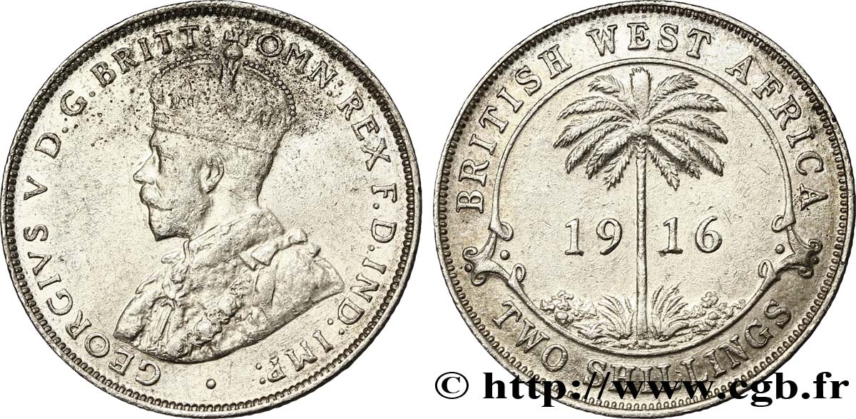 ÁFRICA OCCIDENTAL BRITÁNICA 2 Shillings Georges V / palmier 1916  MBC 