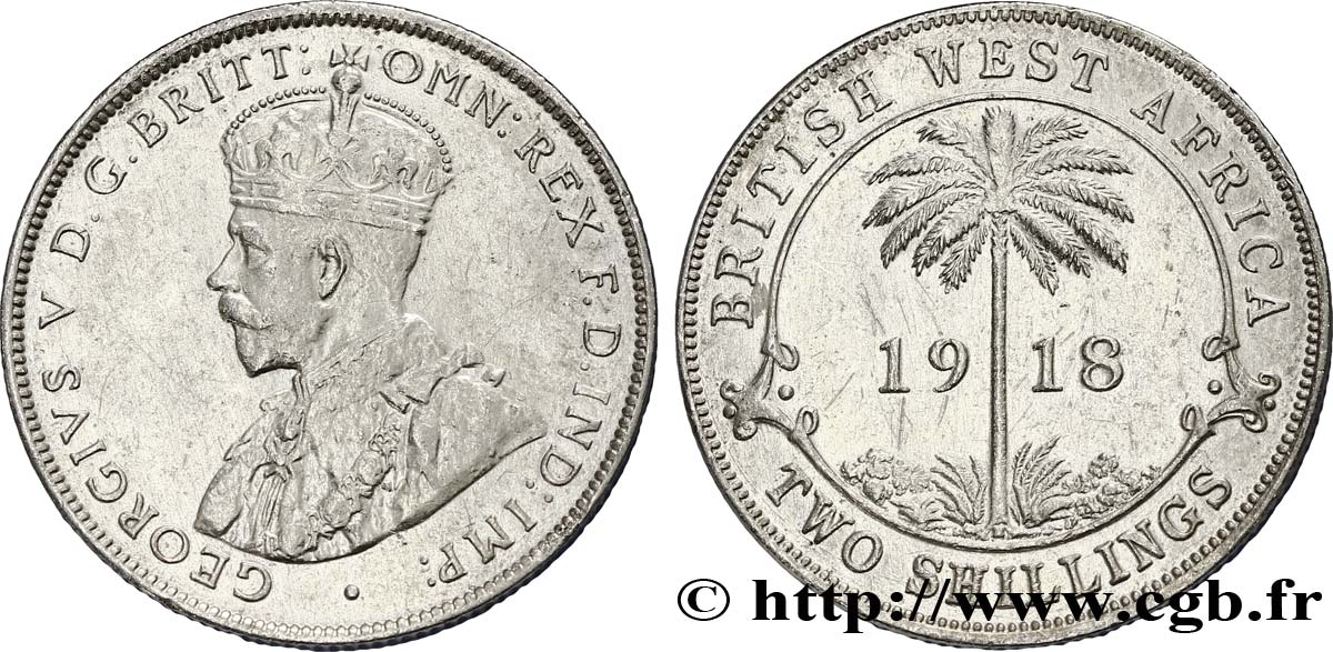 ÁFRICA OCCIDENTAL BRITÁNICA 2 Shillings Georges V / palmier 1918  MBC 