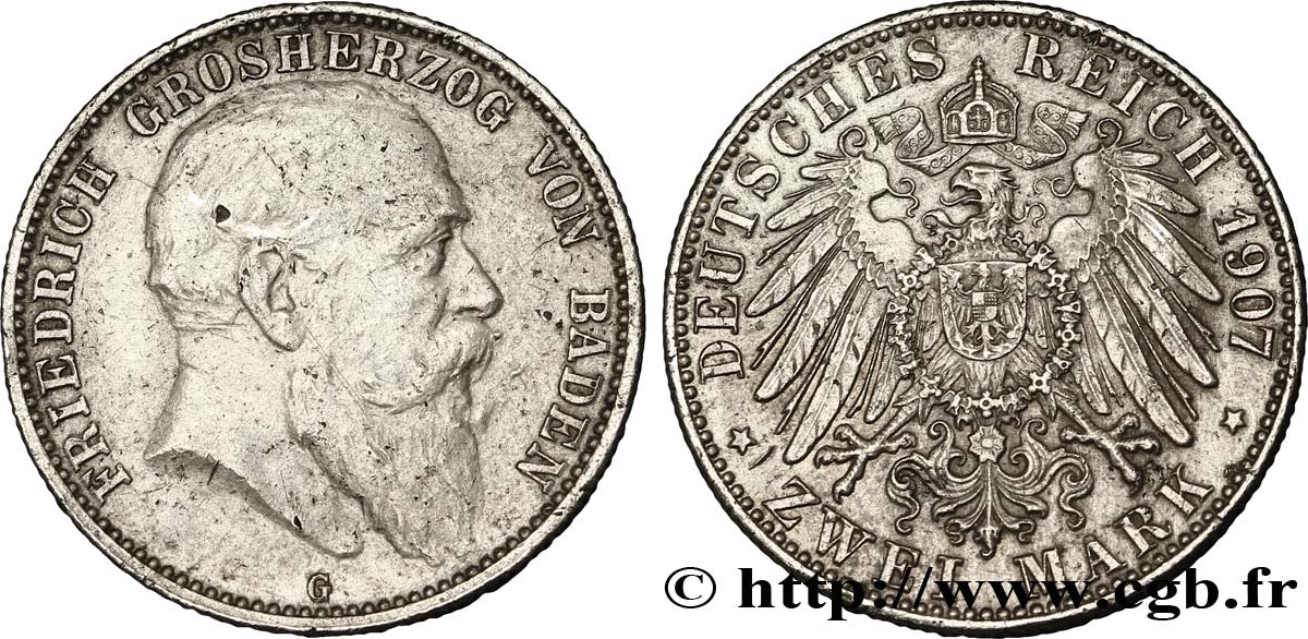 GERMANIA - WÜRTEMBERG 2 Mark Royaume de Wurtemberg, roi Guillaume II / aigle 1907 Karlsruhe - G  q.BB 