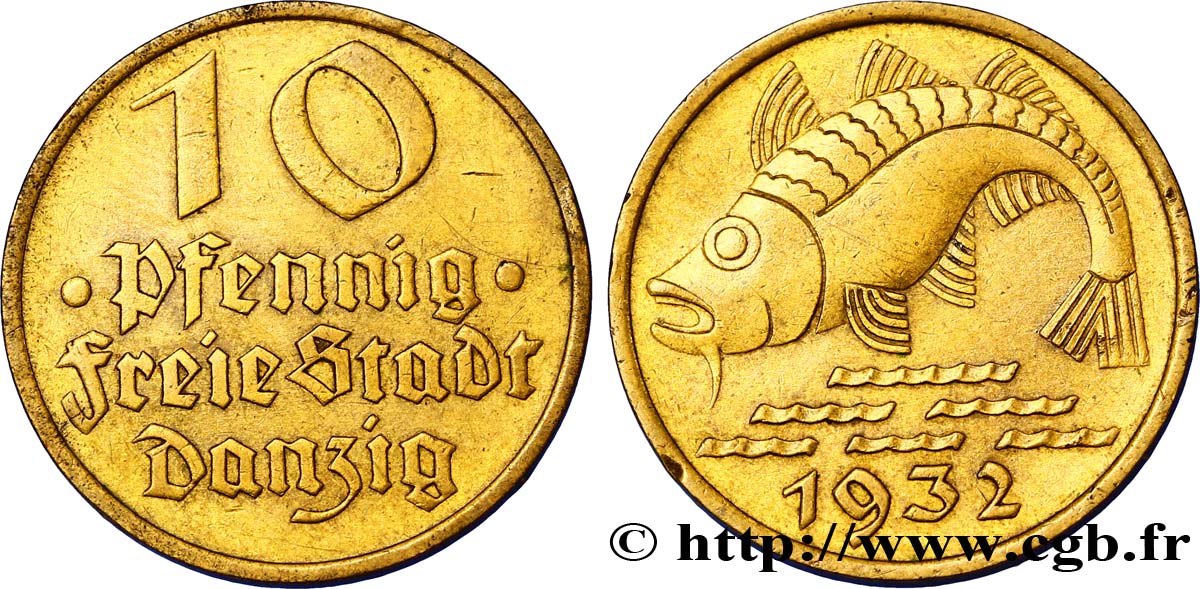 DANZIG (Free City of) 10 Pfennig poisson 1932 Berlin XF 