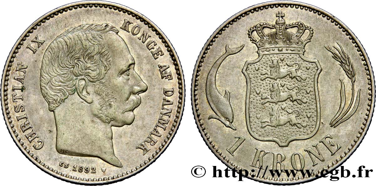 DANEMARK - ROYAUME DU DANEMARK - CHRISTIAN IX 1 Krone 1892 Copenhague TTB+ 
