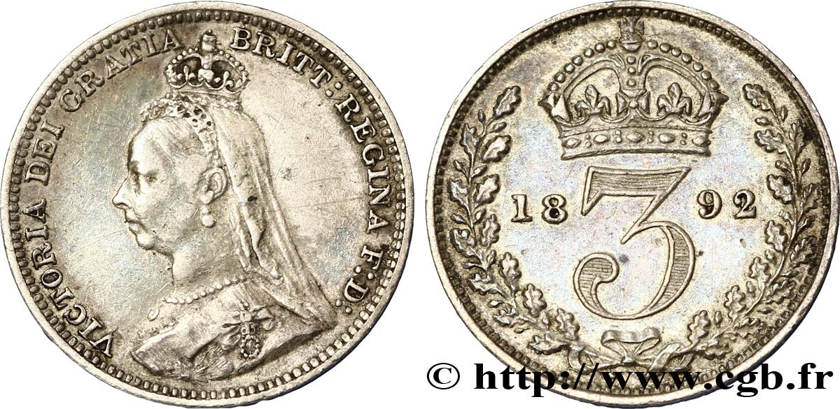 UNITED KINGDOM 3 Pence Victoria buste du jubilé 1892  XF 