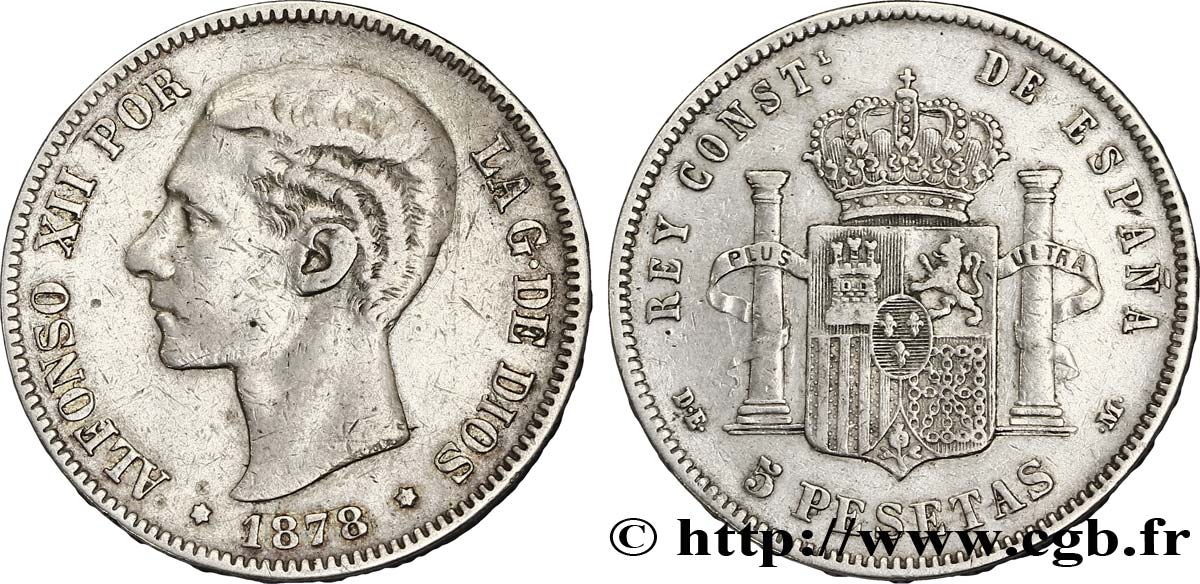 SPAIN 5 Pesetas Alphonse XII / emblème couronné (1878) D.E. - .M. 1878 Madrid XF 