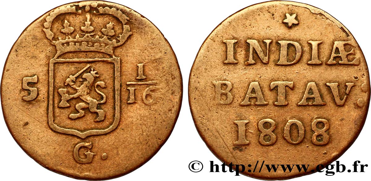 INDIE OLANDESI 5 1/16 Gulden (1 Duit) écu couronné des Pays-Bas 1808 Enkhuizen MB 