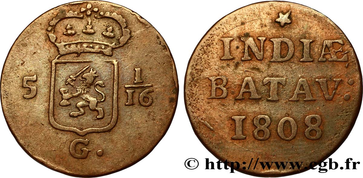 NIEDERLÄNDISCH-INDIEN 5 1/16 Gulden (1 Duit) écu couronné des Pays-Bas 1808 Enkhuizen SS 