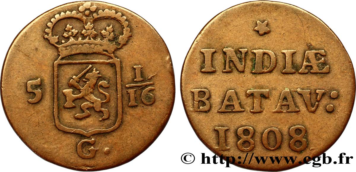NETHERLANDS INDIES 5 1/16 Gulden (1 Duit) écu couronné des Pays-Bas 1808 Enkhuizen VF 