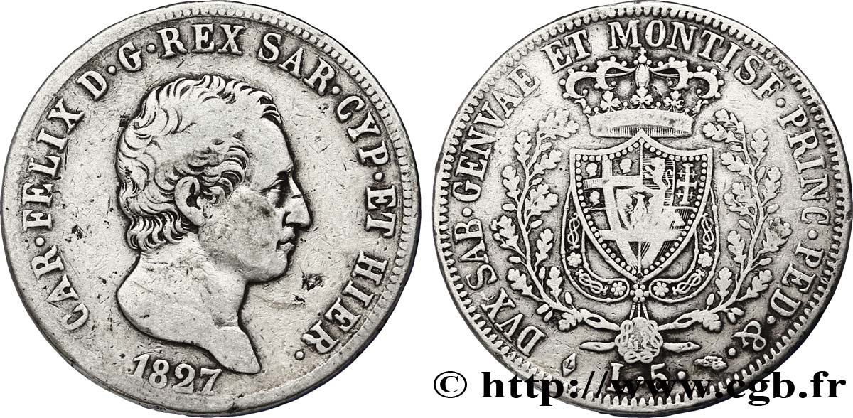 ITALY - KINGDOM OF SARDINIA 5 Lire Charles Félix 1827 Turin VF 