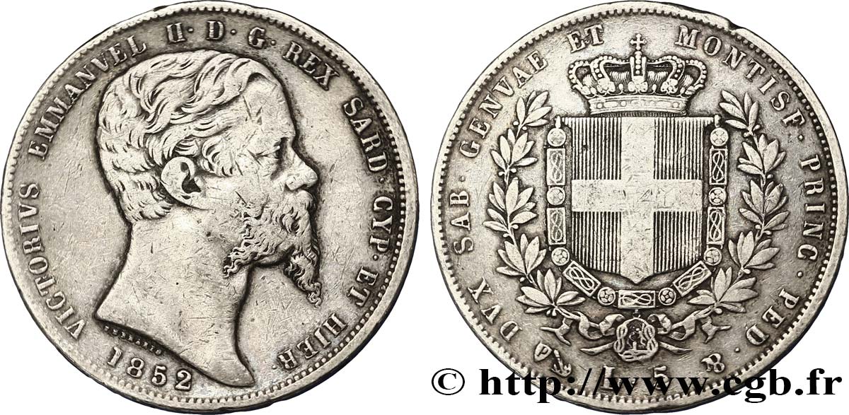 ITALIEN - KÖNIGREICH SARDINIEN 5 Lire Victor Emmanuel II 1852 Gênes S 