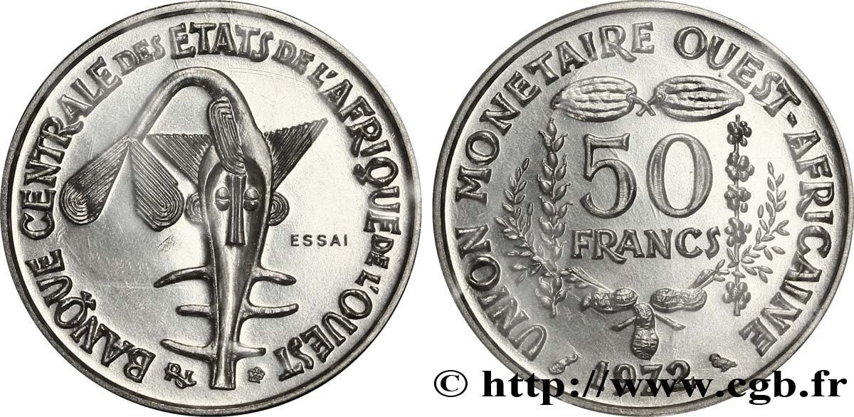 ESTADOS DE ÁFRICA DEL OESTE Essai de 50 Francs masque 1972 Paris FDC 