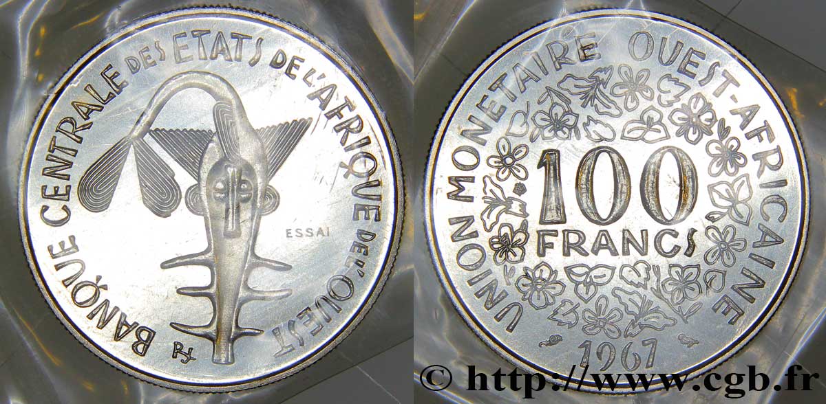 ESTADOS DE ÁFRICA DEL OESTE Essai de 100 Francs masque sous sachet d’origine sans liseré tricolore 1967 Paris FDC 
