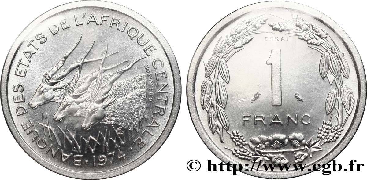 STATI DI L  AFRICA CENTRALE Essai de 1 Franc antilopes 1974 Paris FDC 