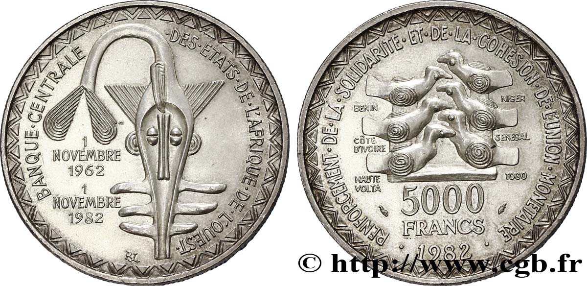 WESTAFRIKANISCHE LÄNDER 5000 Francs masque / oiseau 20e anniversaire de l’Union Monétaire 1982  VZ 