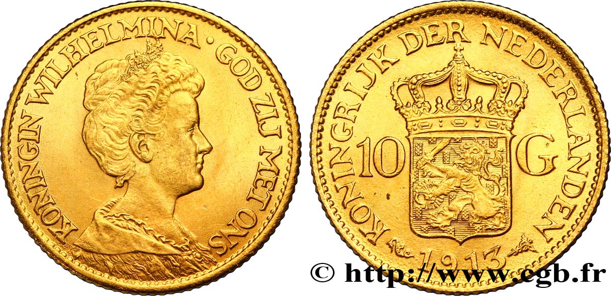 NETHERLANDS 10 Gulden or ou 10 Florins Wilhelmina 1913 Utrecht AU 