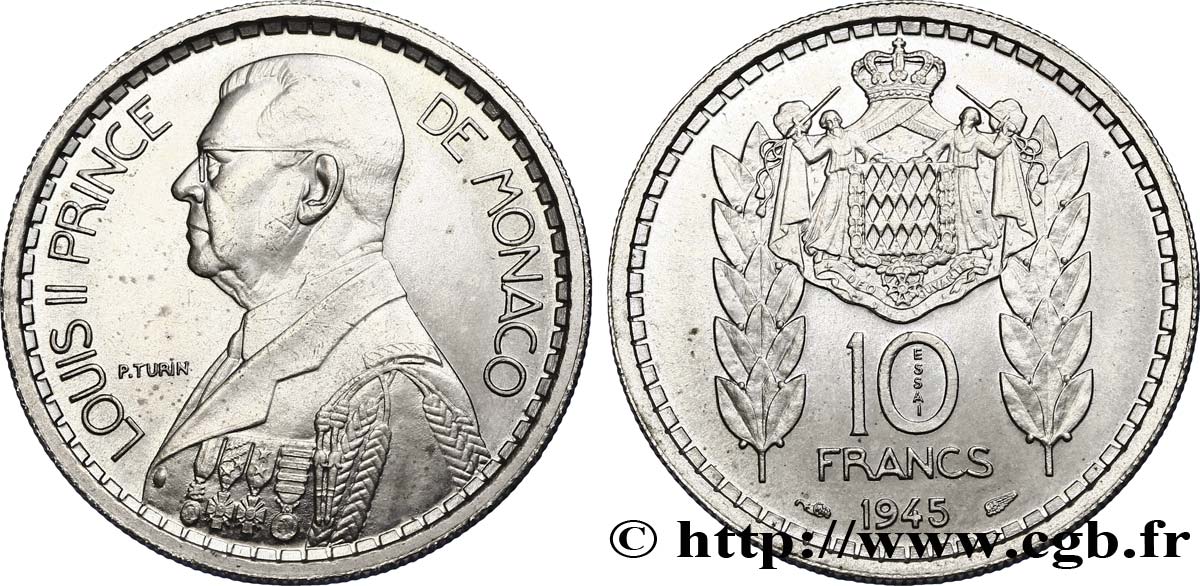 MONACO Essai de 10 Francs Louis II 1945 Paris MS 