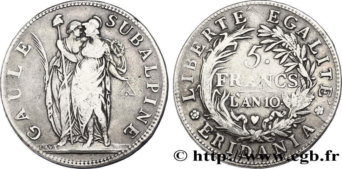 ITALIA - REPUBLICA SUBALPINA 5 Francs Gaule Subalpine figures allégoriques de la Gaule Subalpine et de la France 1801 an 10 Turin BC 