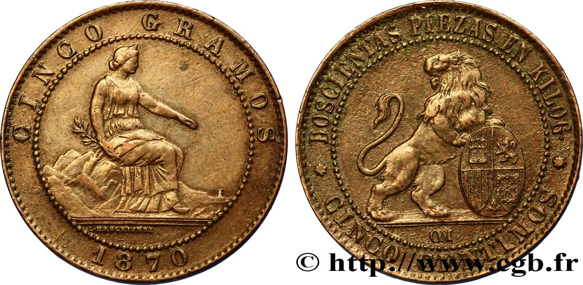 SPAIN 5 Centimos “ESPAÑA” assise / lion au bouclier 1870 Oeschger Mesdach & CO AU 