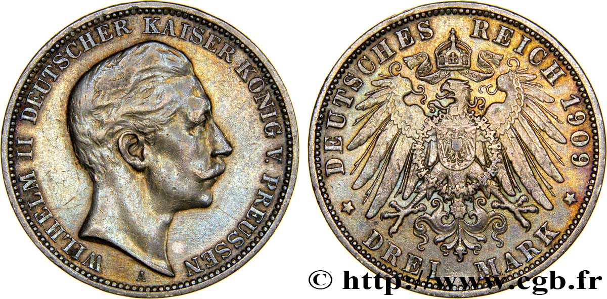 ALEMANIA - PRUSIA 3 Mark Guillaume II 1909 Berlin MBC+ 
