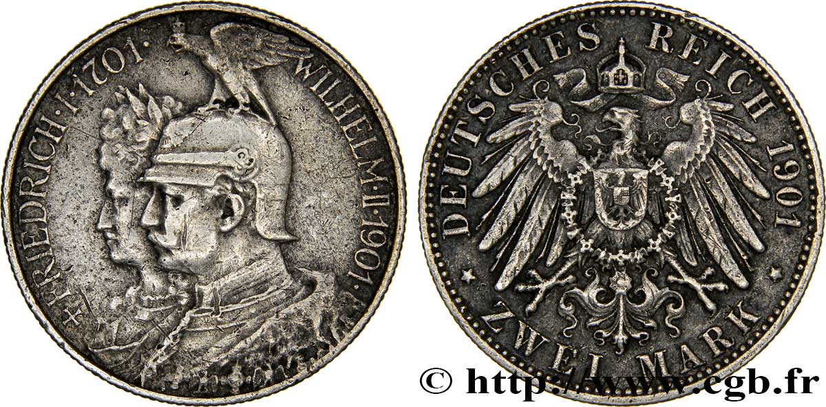 GERMANIA - PRUSSIA 2 Mark Guillaume II 200e anniversaire de la Prusse / aigle 1901 Berlin BB 