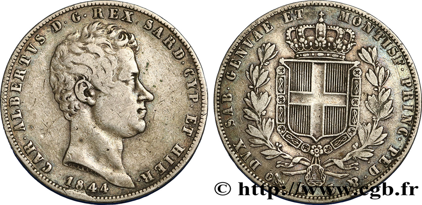 ITALIE - ROYAUME DE SARDAIGNE 5 Lire Charles Albert 1844 Gênes TTB 