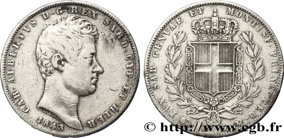 ITALY - KINGDOM OF SARDINIA 5 Lire Charles Albert, roi de Sardaigne 1843 Gênes VF 