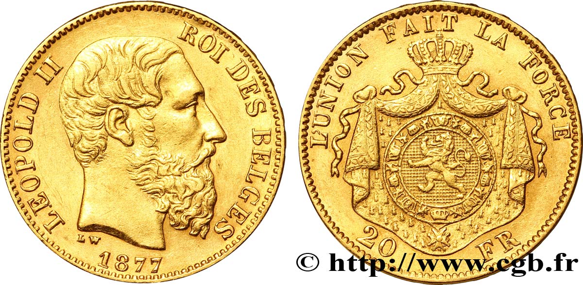 BÉLGICA 20 Francs or Léopold II  tranche position A 1877 Bruxelles EBC 