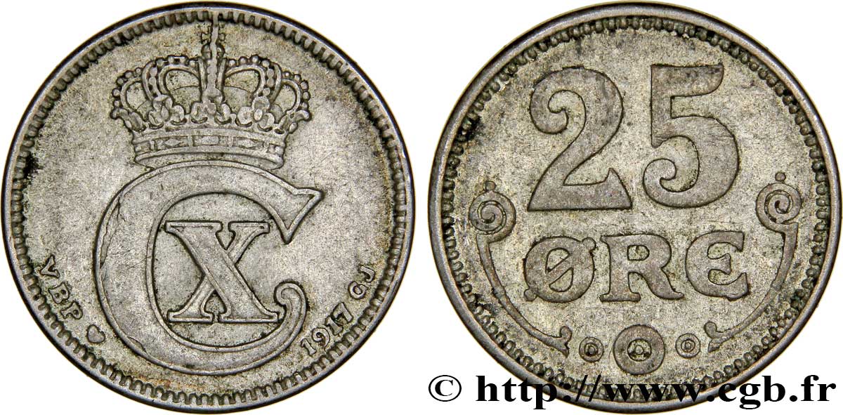 DINAMARCA 25 Ore monogramme de Christian X roi du Danemark 1917 Copenhague BB 