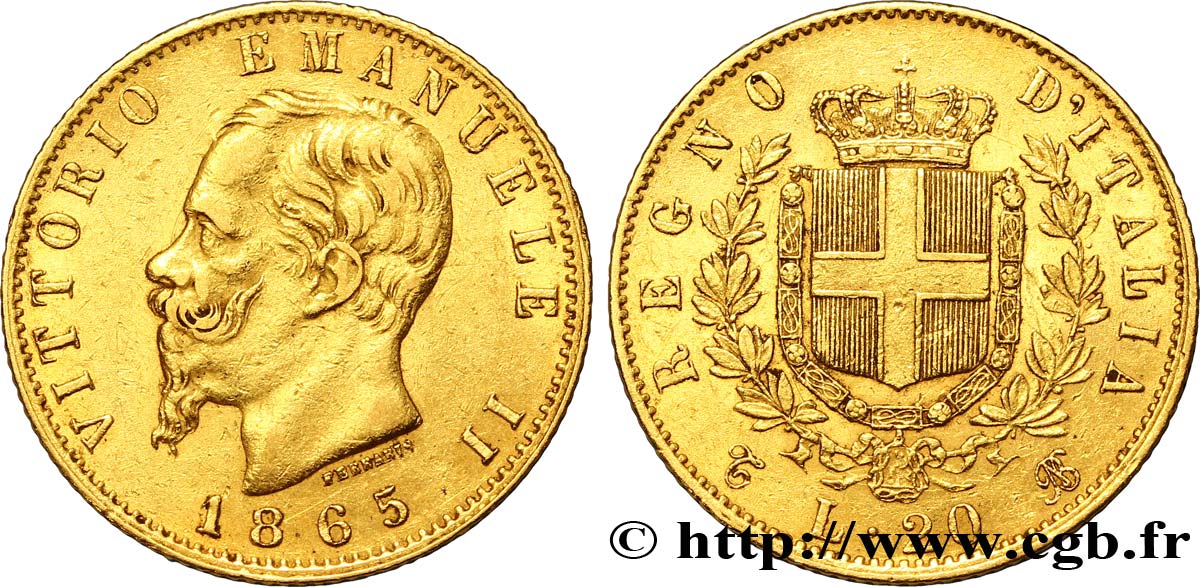 ITALIA 20 Lire Victor Emmanuel II  1865 Turin BB 