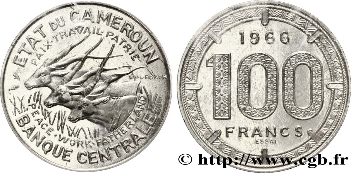 KAMERUN Essai de 100 Francs Etat du Cameroun, commémoration de l’indépendance, antilopes 1966 Paris ST 