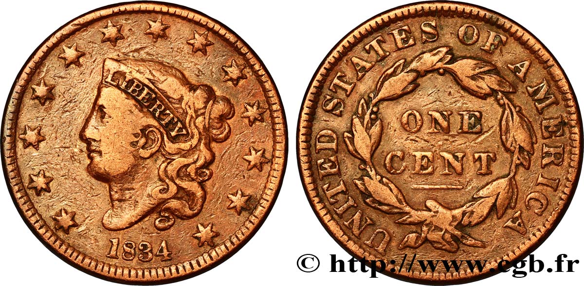 UNITED STATES OF AMERICA 1 Cent Liberté “Braided Hair” 1834  VF 