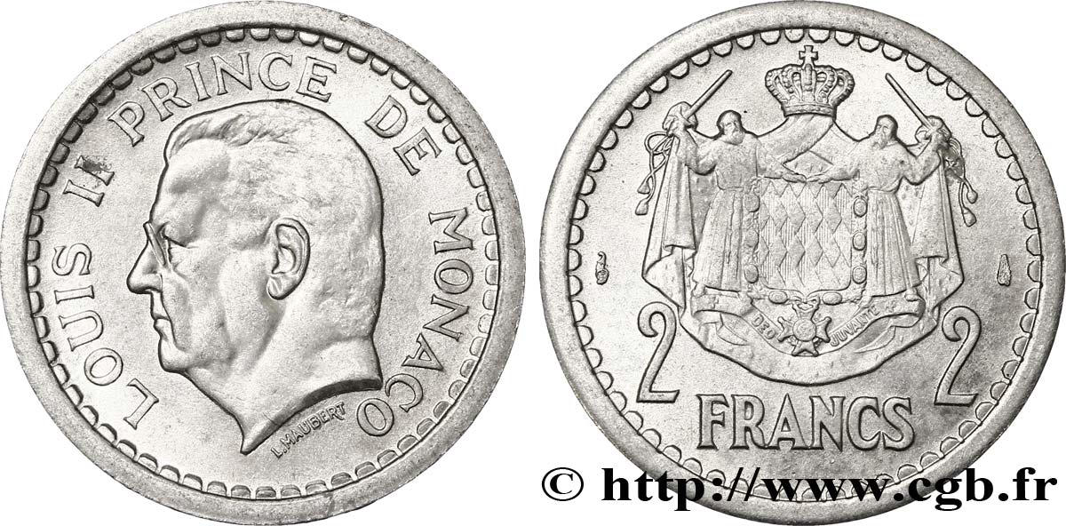 MONACO 2 Francs Louis II / armes (1943) Paris VZ 