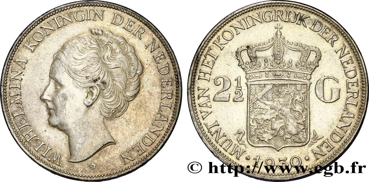 NETHERLANDS 2 1/2 Gulden Wilhelmina 1930  AU 