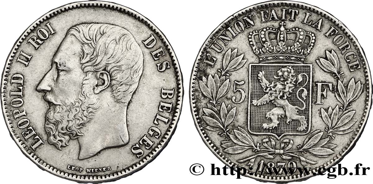 BELGIUM 5 Francs Léopold II / Écu couronné 1870  XF 