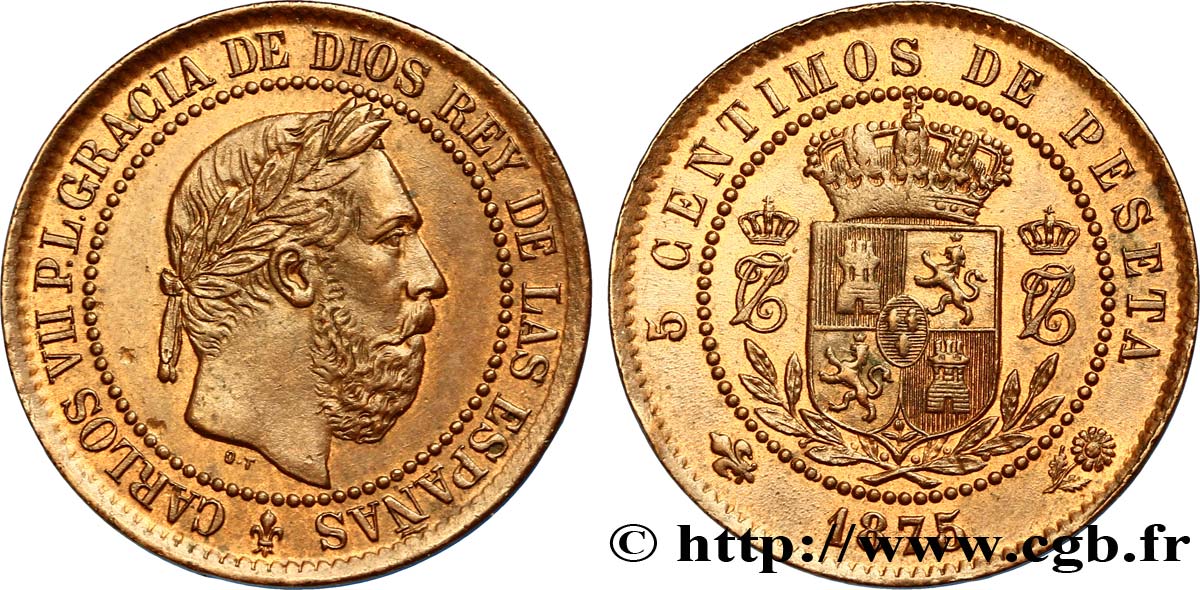 SPAIN 5 Centimos Charles VII (Charles de Bourbon, prétendant carliste) 1875 Oñate AU 