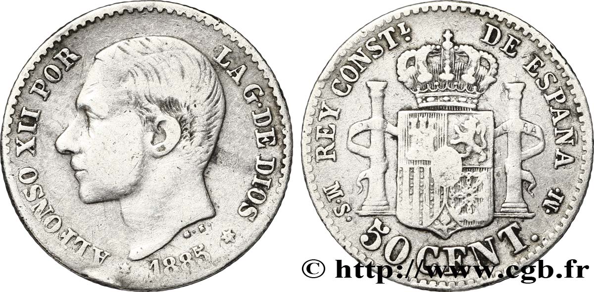 ESPAGNE 50 Centimos Alphonse XII 1885 Madrid TB+ 