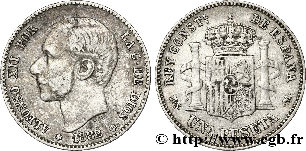 SPAIN 1 Peseta Alphonse XII 1882 Madrid XF 