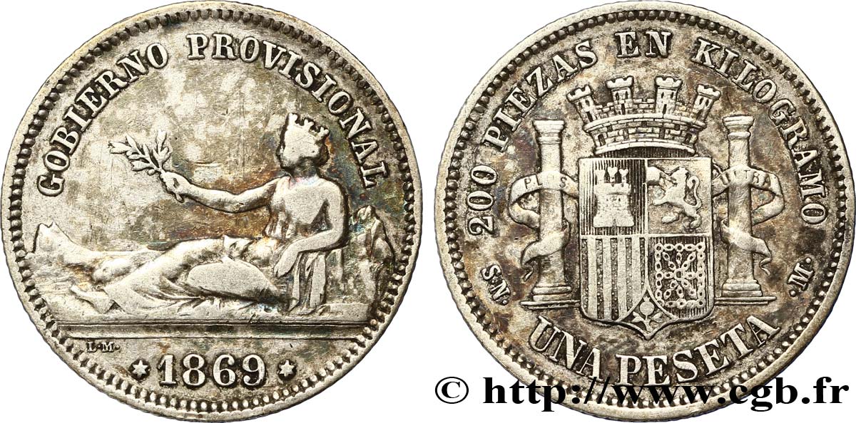 ESPAÑA 1 Peseta monnayage provisoire avec mention “Gobierno Provisional” 1869 Madrid BC+ 