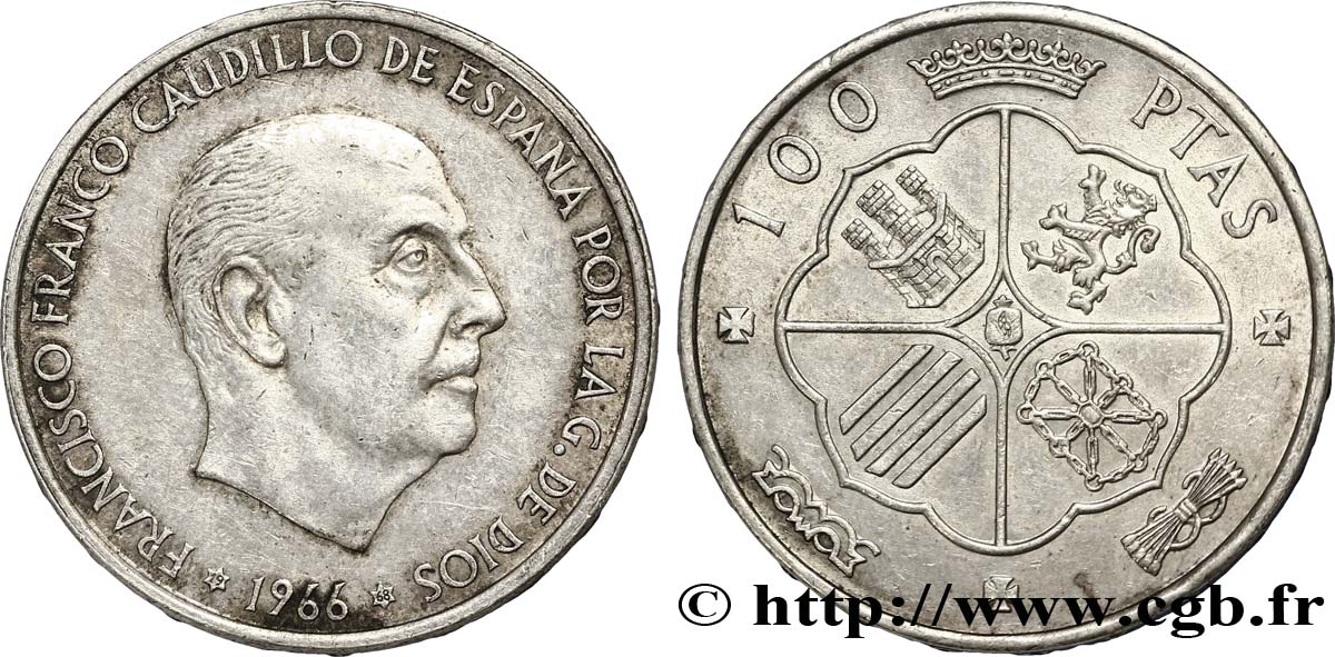 ESPAGNE 100 Pesetas Francisco Franco (1968 dans les étoiles) 1966  TTB+ 