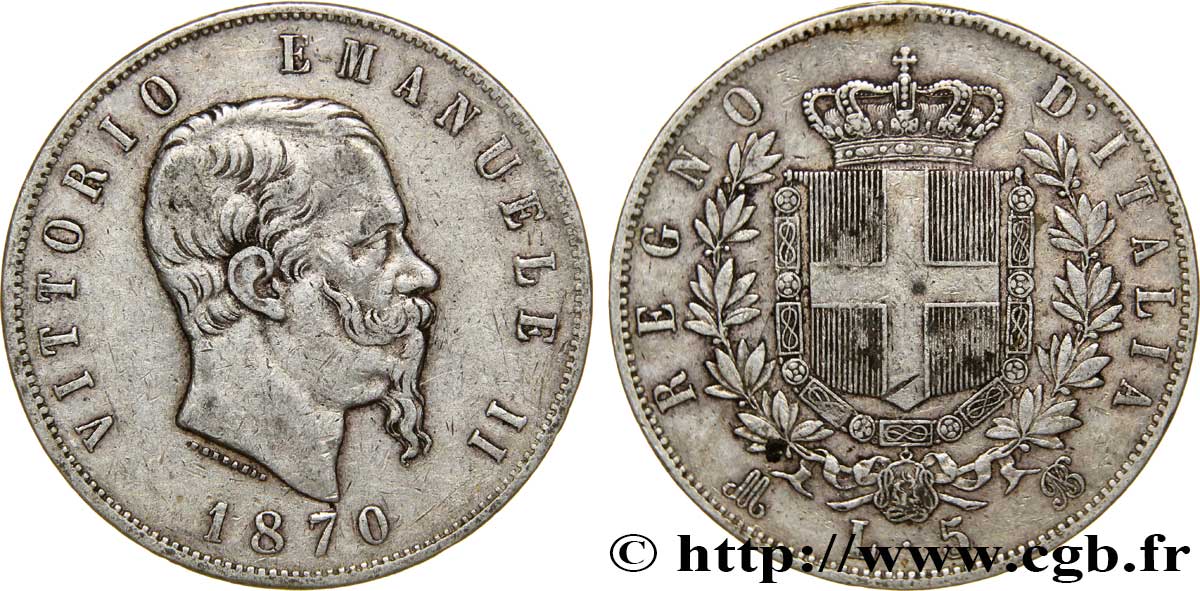 ITALIA 5 Lire Victor Emmanuel II 1870 Milan q.BB 