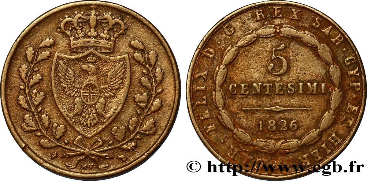 ITALIA - REINO DE CERDEÑA 5 Centesimi Royaume de Sardaigne type au “L” 1826 Turin MBC 