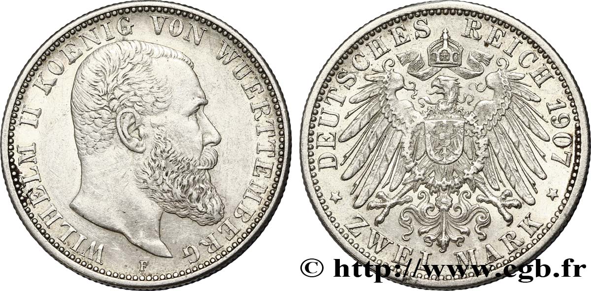 GERMANIA - WÜRTEMBERG 2 Mark Royaume de Wurtemberg, roi Guillaume II / aigle 1907 Stuttgart - F SPL 