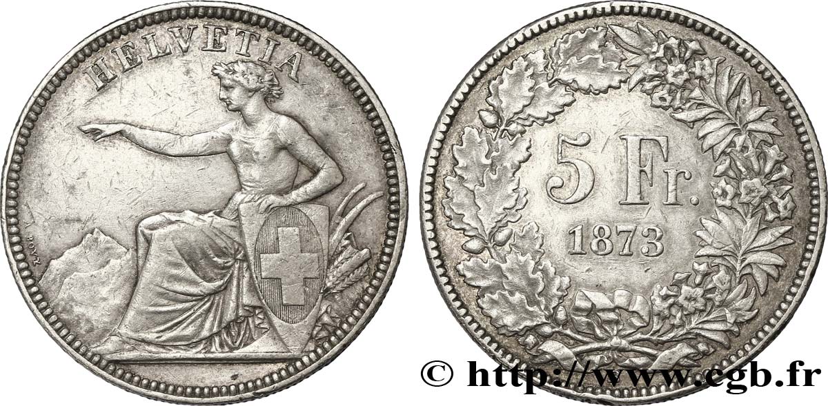 SUISSE 5 Francs Helvetia assise à l’écu 1873 Berne TTB 